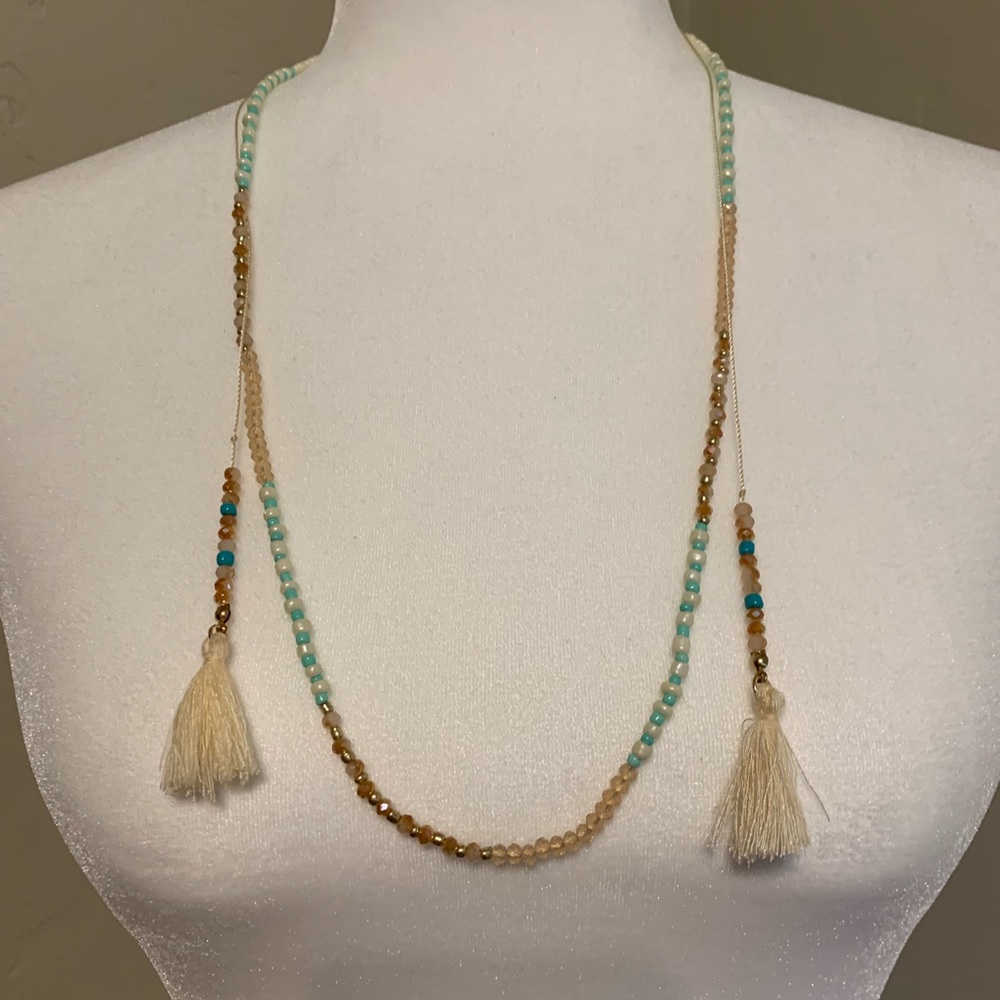 Teal and tan bead necklace